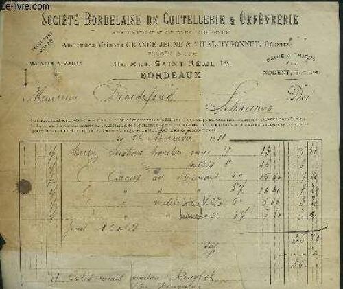 Une Facture De La Societe Bordelaise De Coutellerie & Orfevrerie Bordeaux - Datant De 1911 - Destinee A Monsieur Froidefond.