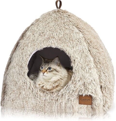 Lit Pour Chat De Qualité Supérieure - Abri Chaud Pour Chat Avec Oreiller Doux Amovible Et Lavable (40 X 40 X 37 Cm) - Lit Confortable En Forme De Pyramide-Café