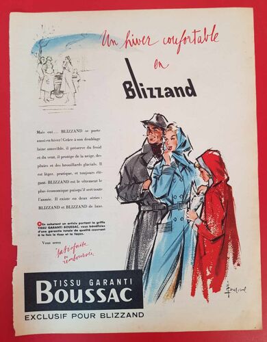 Affiche Publicitaire De Presse Tissu Garanti Boussac - Blizzand (1953)
