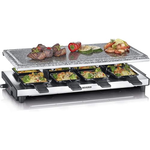SUBZONAL-SEVERIN Raclette Gril 8 personnes, Pierre de Cuisson Naturelle, Thermostat Réglable, Surface de Cuisson 48,5 X 24 cm, Noir/Inox, RG 2374