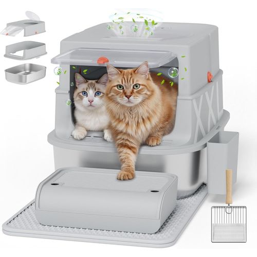 Subzonal-Enclosed Bac À Litière Pour Chat En Acier Inoxydable Avec Couvercle, Sans Fuite Et Sans Odeur, Avec Pelle, Tapis Et Marche Anti-Suivi, Amovible En Acier Extra Large, Facile À Nettoyer, 60 X