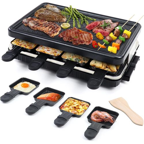 Appareil à Raclette per 8 Persone Grill Électrique de Table Plaque de Cuisson Portatile Grillles Barbecue Machine con 8 Mini Poëlons e 4 Spatole in Legno Plancha Grille Paques Electrique 1300W