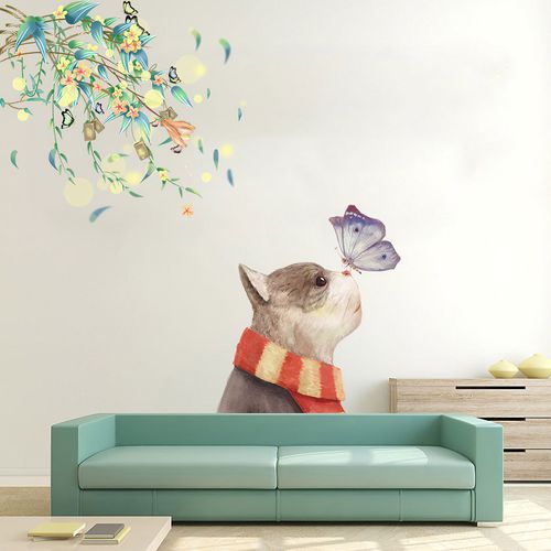 Autocollants Muraux Amovibles, 2 Pièces, Feuilles Vertes, Chat, Papillon, Fleurs, Pour Salon, Chambre D'Enfants, Couloir, Décoration Murale