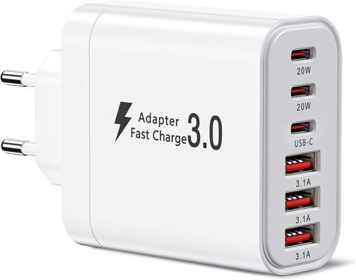 ELVORIX-Chargeur USB C, Chargeur multiport avec 3xUSB-C et 3xUSB-A, Chargeur Rapide 52W à 6 Ports, Adaptateur PD 3.0 USB Power Compatible avec iPhone 16/15/14/13/12/11/iPad/Galaxy S21/S22/S23/S24