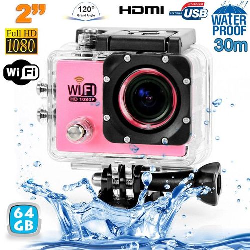 Camera Embarquée Sports Wi-Fi LCD Caisson Étanche Waterproof HD 12 Mp Rose 64Go YONIS
