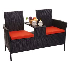 Banc Avec Table En Polyrotin Hwc-E24, Banquette De Jardin, Ensemble,132cm   Noir, Coussin Terre Cuite