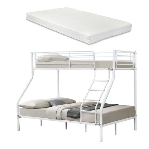 Lit Superposé En Métal Avec 2 Matelas Armature Massive Pour 3 Personnes 140 X 200cm 90 X 200cm Blanc 03_0002729