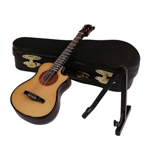 B-Guitare Miniature En Bois Avec Support Et Étui Mini Instrument De Musique Miniature Maison De Poupée Modèle Ho