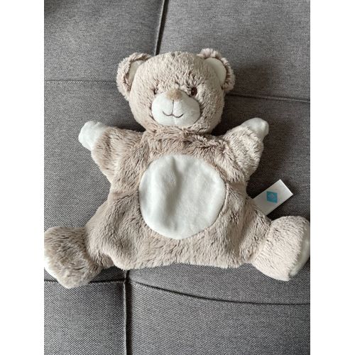 Doudou ours tex baby marionnette beige marron Chiné