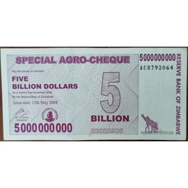 Billet 5 Billions Zimbabwe 2008 5000000000 Dollars 5 Milliards