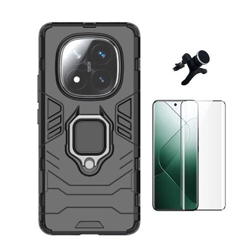 Kit Film Verre Trempé Incurvé + Coque Militaire Defender 3X1 + Support De Voiture Magnétique Renforcé Phonecare Pour Xiaomi Redmi Note 14 Pro + Plus - Noir