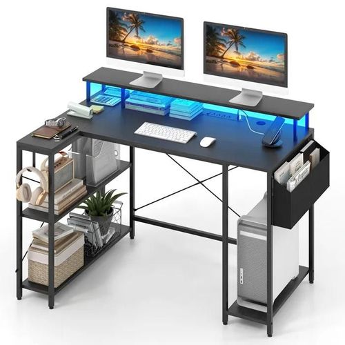 Costway Bureau De Jeu D'angle 120 Cm Avec Support D'écran, Lumières Led Et Prises De Courant, Étagères De Rangement, Noir