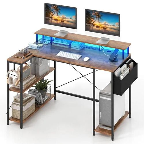 Costway Bureau De Jeu D'angle 120 Cm Avec Support D'écran, Lumières Led Et Prises De Courant, Étagères De Rangement, Marron