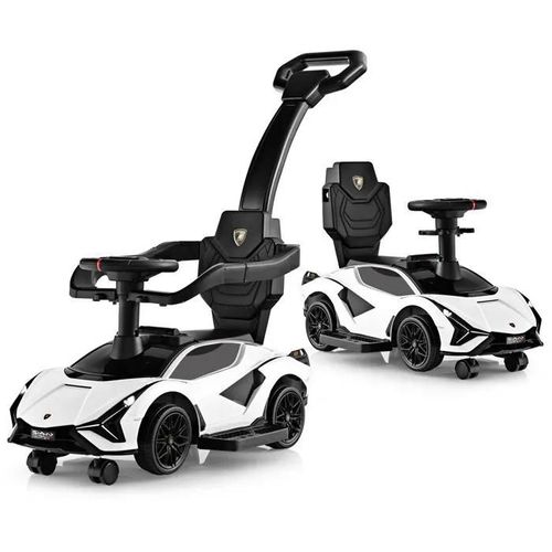Lamborghini Voiture À Pousser 3 En 1 Pour Enfants, Roues Universelles, Poignée Amovibles, Musique, Espace De Rangement, Blanc