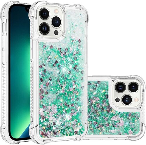 Silicone Coque Pour Apple Iphone 14 Pro Max, Coin Airbag Antichute Paillettes Sables Mouvants Coque Tpu Bumper Sparkle Case Compatible Avec Apple Iphone 14 Pro Max. Ybw Love Green