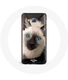 Coque pour Samsung Galaxy J3 Chat Siamois Noir et blanc aux Yeux Bleus
