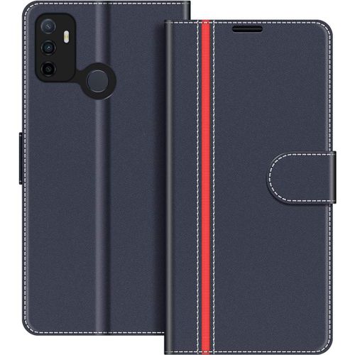 Coque En Cuir Oppo A53s, Etui Telephone Oppo A53s, Housse Pochette Oppo A53s Fonction Stand Etui Coque Pour Oppo A53s, Bleu Fonce/Rouge