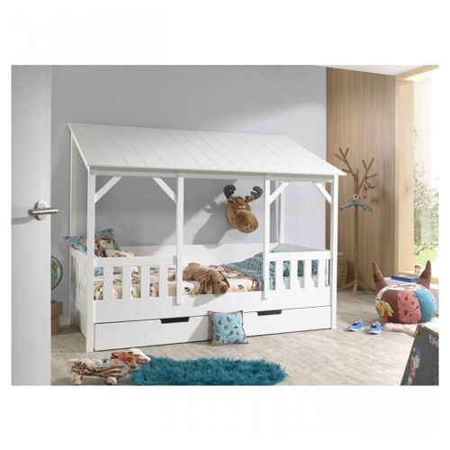 Vipack Malia Lit Cabane 90x200 Avec Toit Blanc + Lit Gigogne