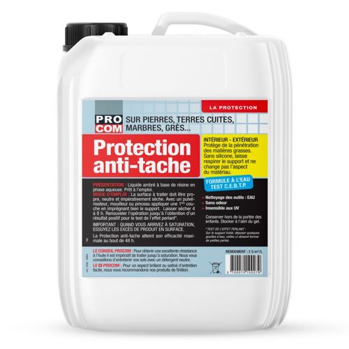 Protection anti-tache oléofuge, hydrofuge pour sols, terrasses, intérieur et extérieur PROCOM 5 litres