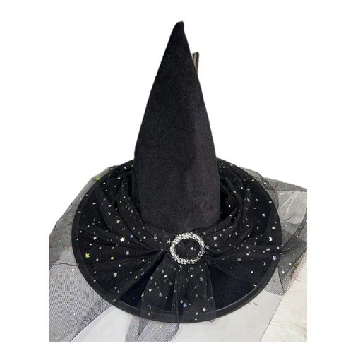 Chapeau Sorcière Tulle Noir Pailleté Boucle Adulte