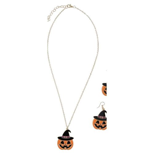 Collier Boucles D'oreilles Citrouille Peur Orange