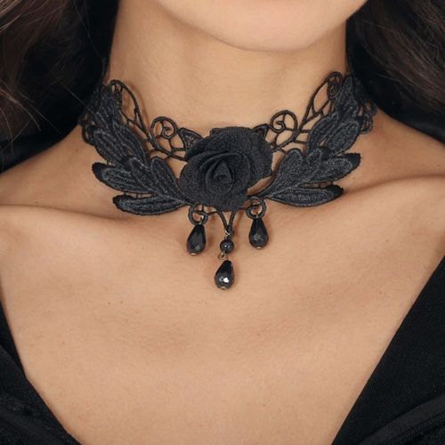 Collier Ras-De-Cou Brodé Déco Rose Noir Femme
