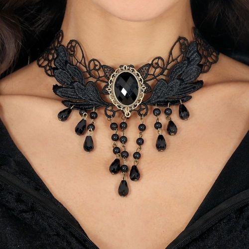 Collier Ras-De-Cou Brodé Déco Pierre Noir Femme