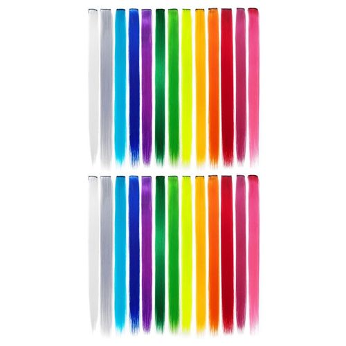 Extensions De Cheveux Synthétiques À Clipser Colorées, Reflets De Fête, Postiches Droites, 55cm, Arc-En-Ciel, Top Vente, 26 Pièces 