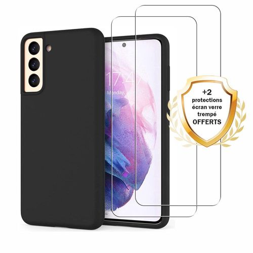 Coque Samsung Galaxy S21 5g Noire Silicone Liquide + 2 Vitres En Verre Trempé Protection Écran Antichocs - Evetane