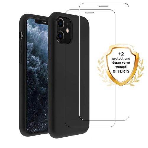 Coque Iphone 11 Silicone Liquide Noire + 2 Vitres En Verre Trempé Protection Écran Antichocs - Evetane
