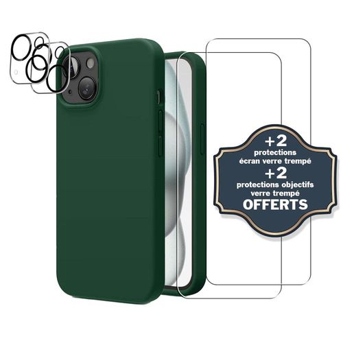 Coque iPhone 15 Vert Foret Silicone Liquide + 2 Protections écran et 2 protections Objectif caméra