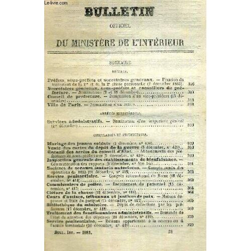 Bulletin Officiel Du Ministere De L'interieur - N°12 - 46e Année - 1883 / Mariage Des Jeunes Soldats / Vente De Cartes Du Depot De La Guerre  / Recueil Des Arrets Du Conseil D'etat / ...