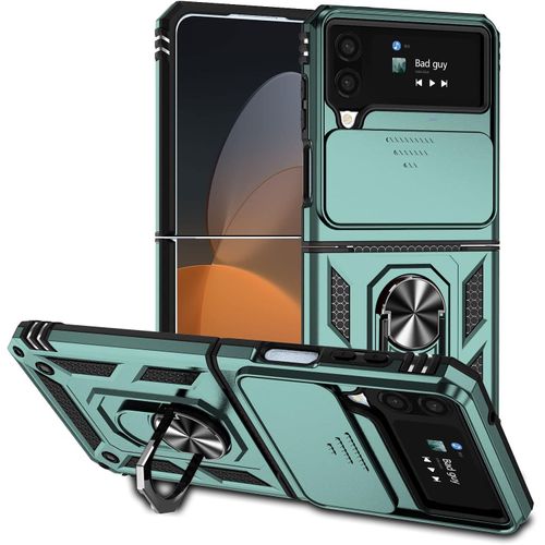 Coque Pour Samsung Galaxy Z Flip4 Etui, Antichoc Militaire Protection Coque Samsung Galaxy Z Flip4 Housse [Protection Camera] [Support De Voiture Magnetique] Vert Fonce