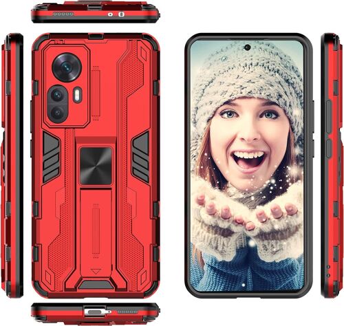 Protection Coque Pour Xiaomi 12t Etui, [Bequille Integree] [Militaire Antichoc] Renforcee Incassable Bumper Tpu Souple Et Pc Rigide Defense Housse Pour Xiaomi 12t Case Rouge