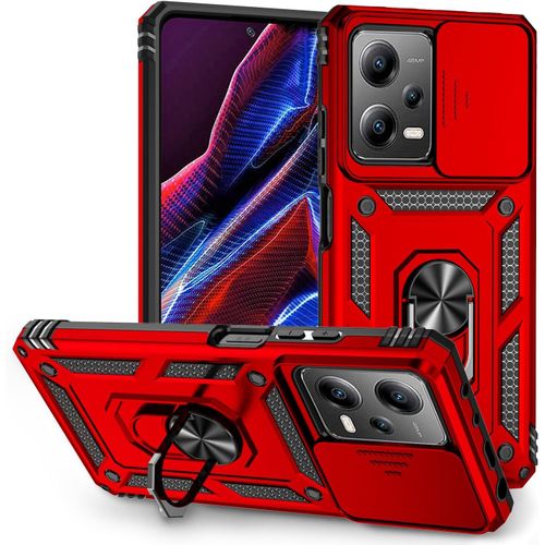 Coque Compatible Avec Xiaomi Redmi Note 12 Pro 5g/Poco X5 Pro 5g, Etui Avec Cache Camera & Support A Bague 360 Armor Full Body Antichoc Anti-Chut Housse Tpu Silicone Bumper Cover,Rouge