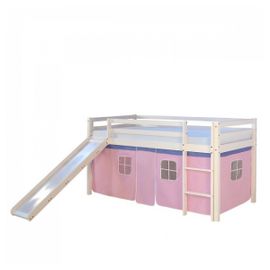 Lit Mi-Hauteur Avec Rideaux Rose Pale Et Toboggan