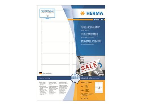 HERMA Special - Papier - mat - auto-adhésif amovible - blanc - 88.9 x 33.8 mm 1600 étiquette(s) (100 feuille(s) x 16 étiquettes
