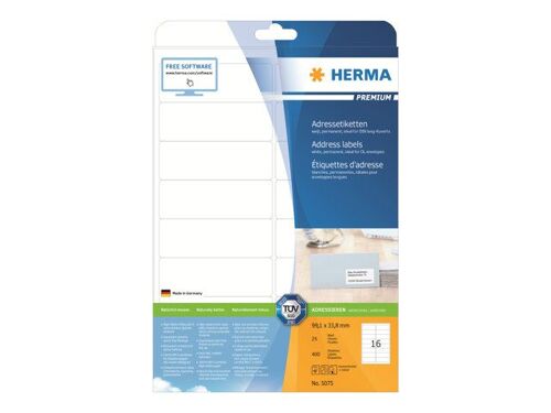HERMA Premium - Papier - mat - auto-adhésif permanent - blanc - 99.1 x 33.8 mm 400 étiquette(s) (25 feuille(s) x 16) étiquettes d'adresse laminées