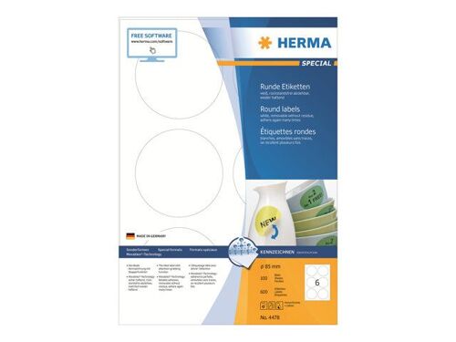 HERMA Special - Papier - mat - auto-adhésif amovible - blanc - diamètre 85 mm 600 étiquette(s) (100 feuille(s) x 6) étiquettes