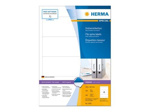HERMA Special - Papier - mat - auto-adhésif permanent - blanc - 192 x 59 mm 400 étiquette(s) (100 feuille(s) x 4) étiquettes de dossiers opaques