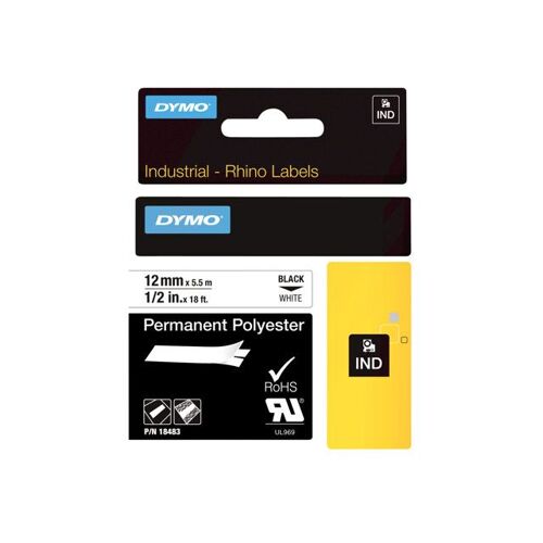 DYMO IND - Polyester - adhésif permanent - noir sur blanc - Rouleau (1,2 cm x 5 m) 1 cassette(s) bande d'étiquettes - pour Rhino 4200, 4200 Kit, 5200, 5200 Hard Case Kit; RhinoPRO 6000; DYMO LabelWriter 450 Duo
