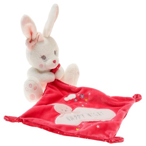 Doudou Lapin Blanc Mouchoir Rose Fuchsia Framboise Nuage Blanc Happy Night Etoiles Peluche Bebe Eveil Jouet Security Blanket White Pink Bunny Comforter Plaid 