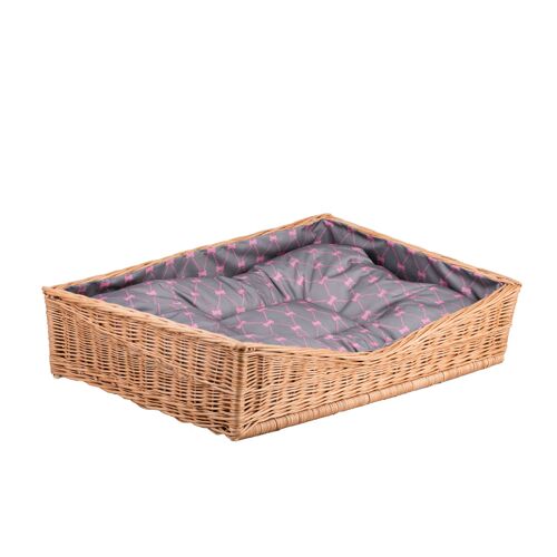 Corbeille Pour Chien Rectangulaire,Panier En Osier Naturel Doublée Avec Joli Coussin Gris Imprimé Petits Os Roses