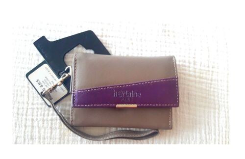 PORTE MONNAIE PORTECARTES PORTEFEUILLE   TROUSSE DE CARTE DE VISITE ET CREDIT ETUI CHEQUIER CUIR VEAU AVEC POIGNEE MOUSQUETON AMOVIBLE HERLAINE PARIS MULTI POCHES GRIS VIOLET MAROQUINERIE DE QUALITE