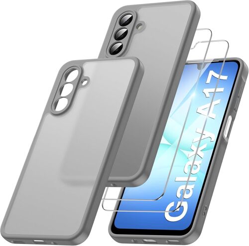 Coque Pour Samsung Galaxy A17 Avec 2 Verre Trempé, [Protection Caméra] [Anti-Jaunissement] Dos Pc Rigide Souple Silicone Bumper Hybrid Antichoc Coque Pour Samsung A17 4G/5G -Gris