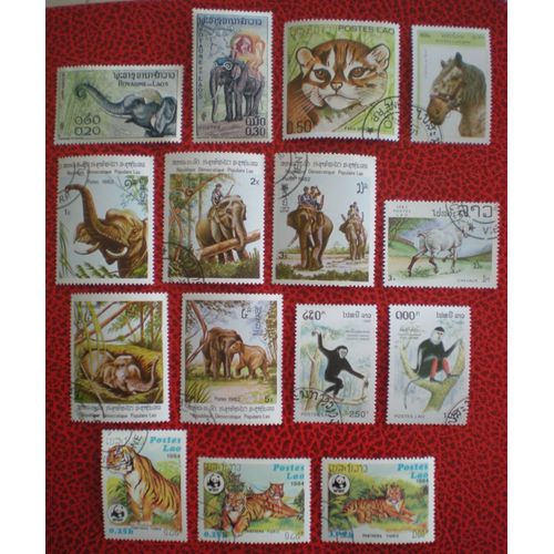 Lot De 15 Timbres Oblitérés - Laos - Animaux - Eléphants - Tigres - Singes - Chevaux