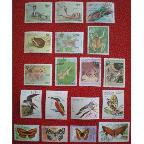 Lot De 18 Timbres Oblitérés - Laos - Animaux - Serpents - Batraciens - Oiseaux - Papillons