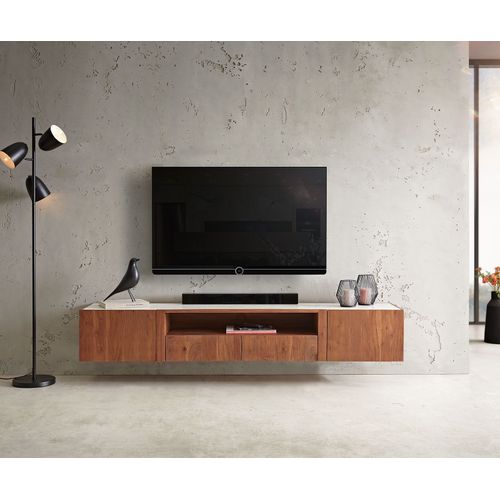Meuble-Tv Secara 200 Cm Acacia Marron 2 Portes 2 Tiroirs Marbre Flottant