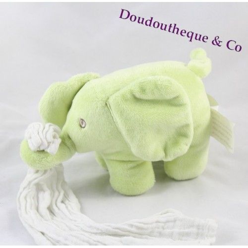 Peluche Doudou Elephant Kimbaloo Vert Mouchoir Blanc
