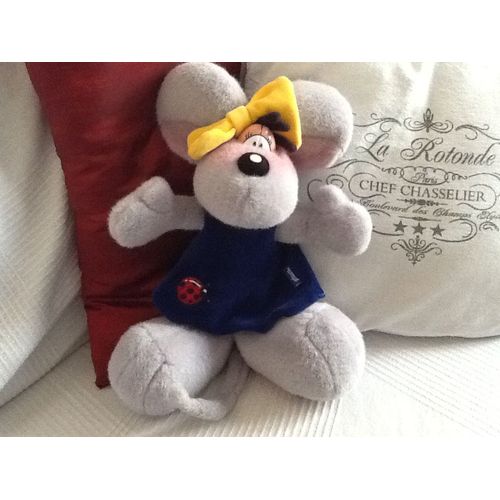 Peluche Didllina Grise Robe Bleue Coccinelle Noeud Jaune